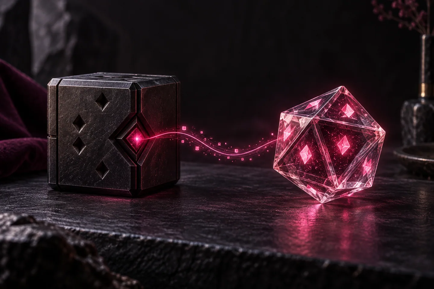 A dark core connected by pink light to a translucent 3D die