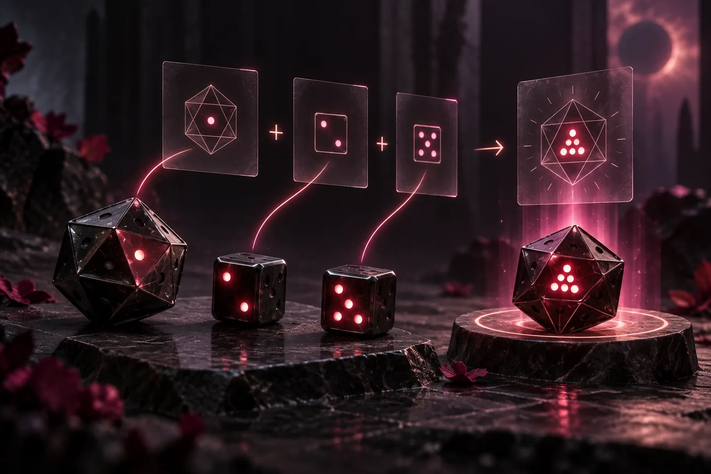 Dice and glowing cards represent the stages of a dice expression