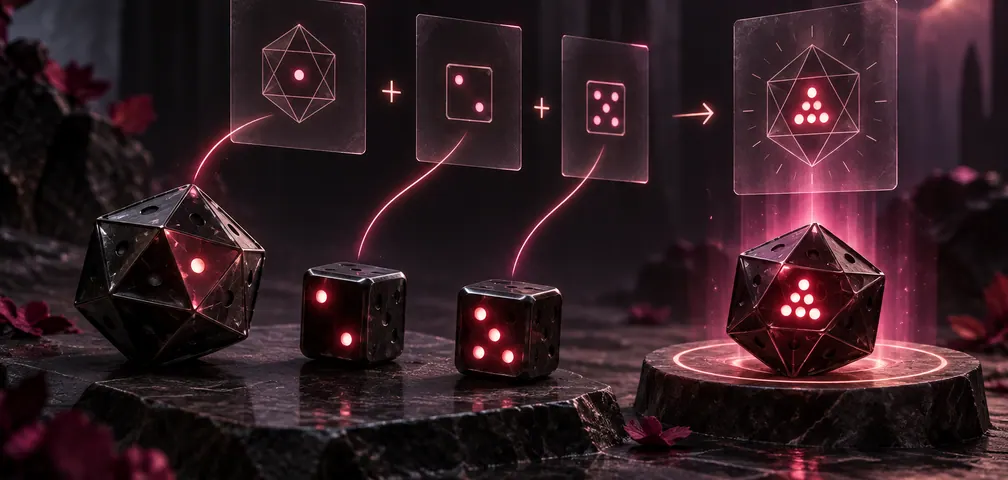 Dice and glowing cards represent the stages of a dice expression