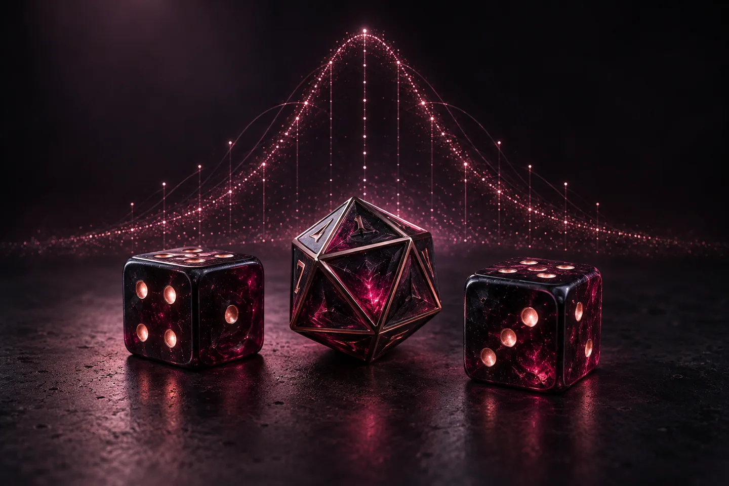 Two six-sided dice and a polyhedral die in front of a glowing probability curve