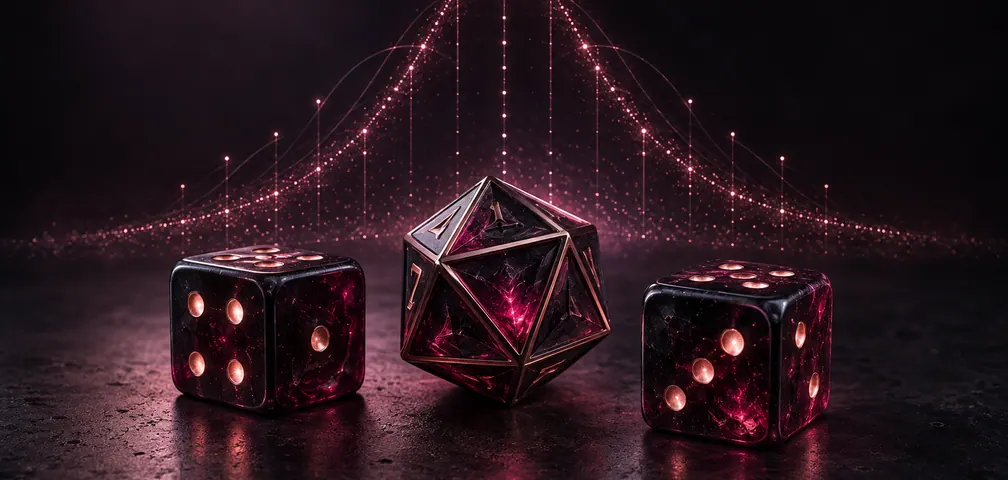 Two six-sided dice and a polyhedral die in front of a glowing probability curve