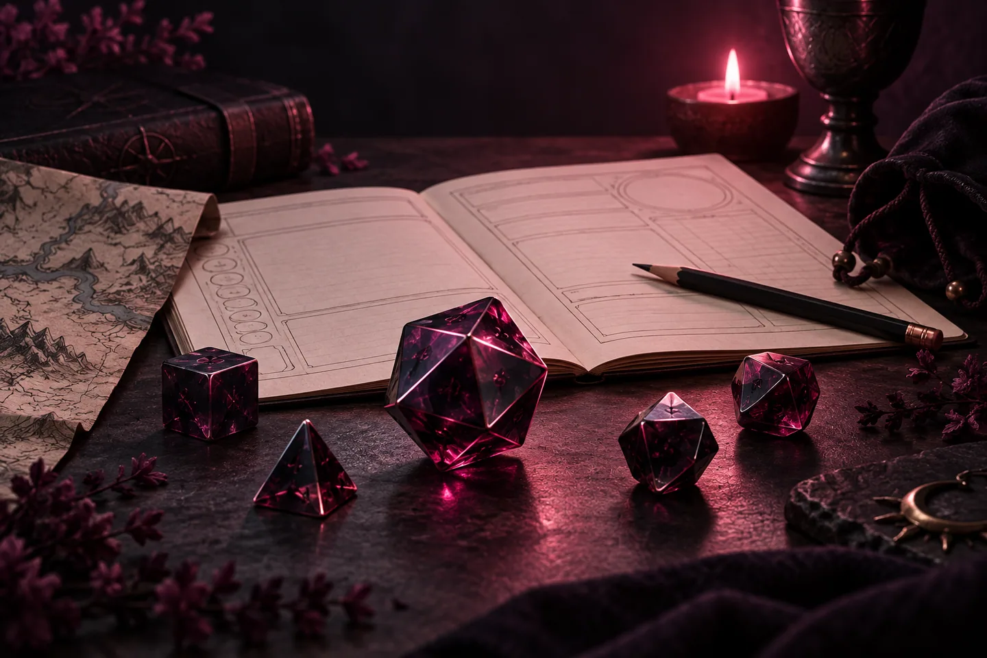 Polyhedral dice on a character sheet beside a map and pencil on a dark tabletop